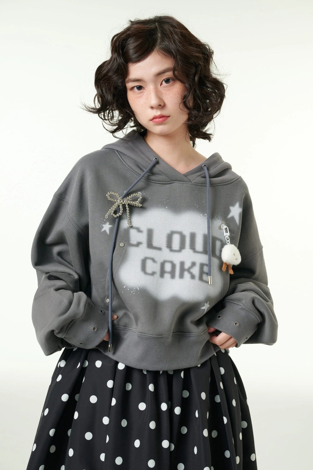 [CLOUD CAKE] Women's Fashion Cloud Cake & Star Crop Hoodie Dark Gray