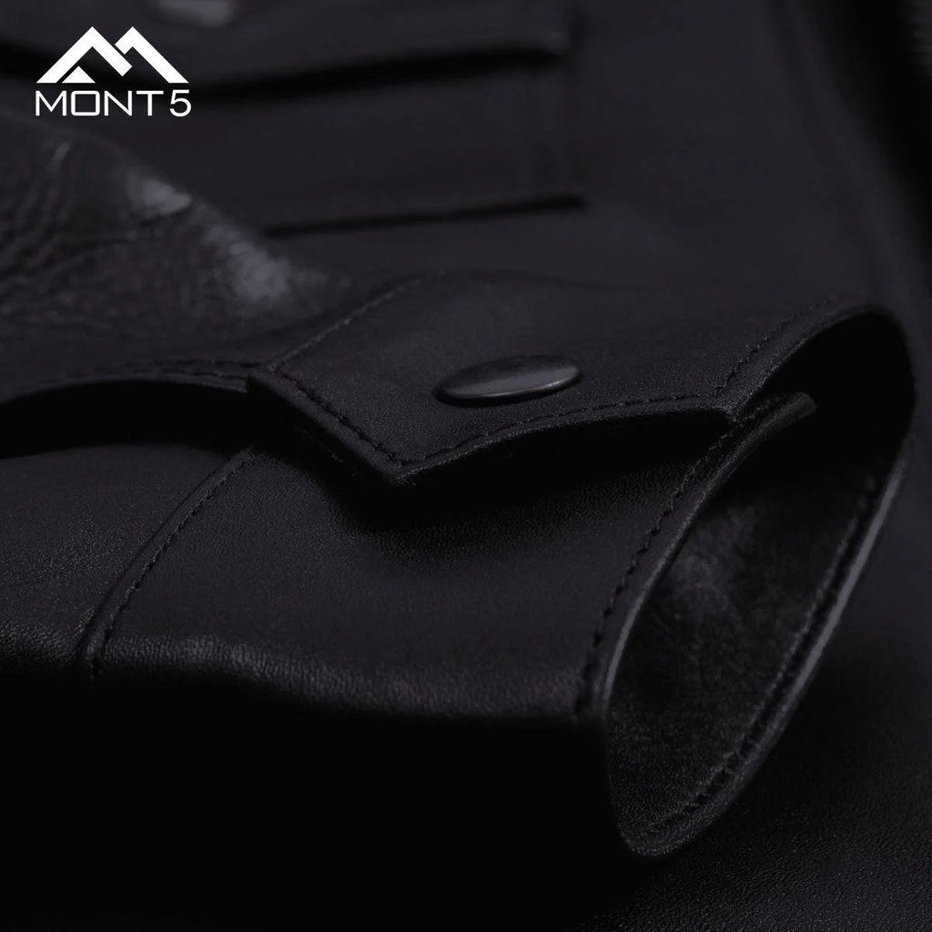 MONT5  Diran Men Black Classic Leather Jacket with Shirt Collar